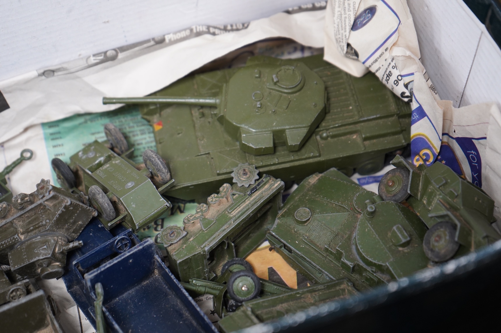 Forty-four 1950s/60s Dinky Toys, etc. including thirty-two commercial vehicles, public transport vehicles, etc. including; market gardener’s wagons, petrol wagons, double deck buses, a Bedford tipper, racing cars, a mech